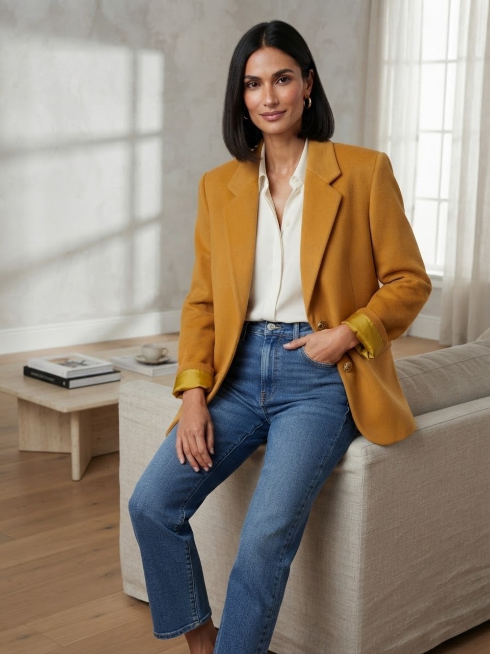 Vintage 70% Wool Cashmere Gold Button Blazer Mustard Yellow Size 16